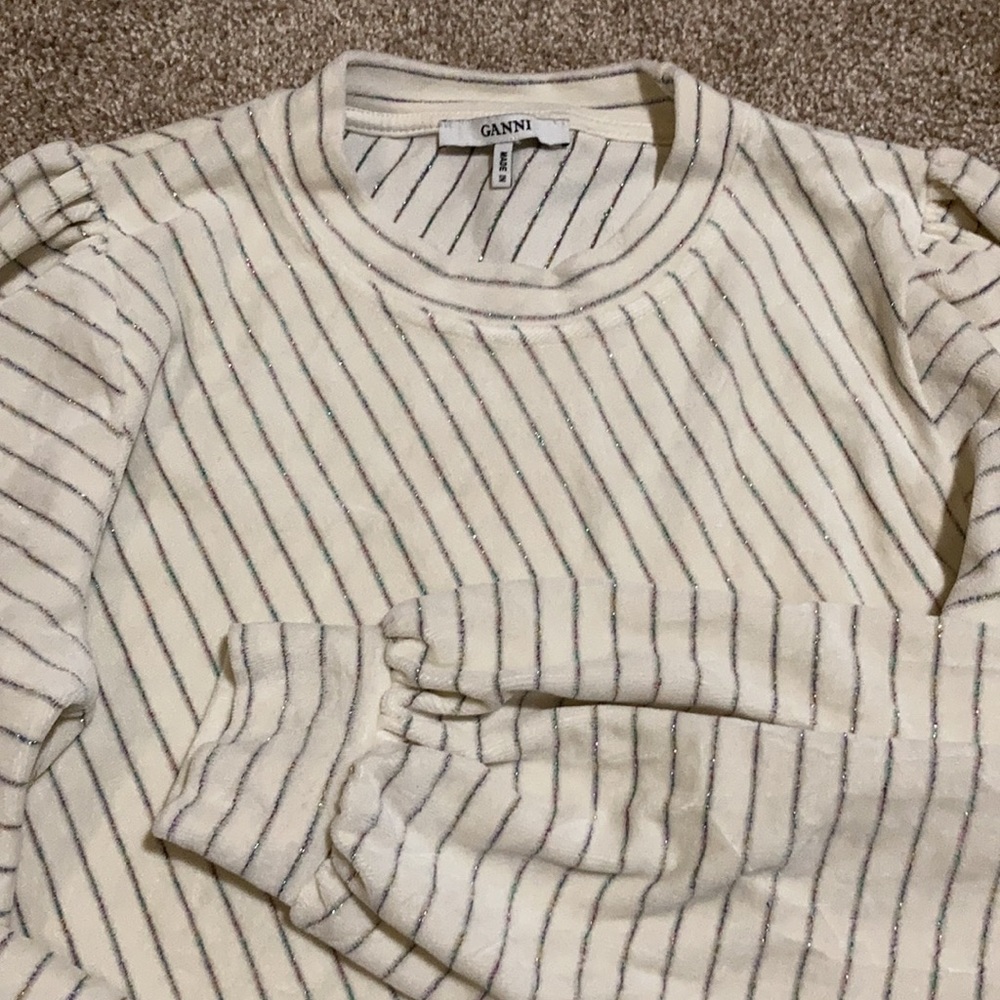Ganni Harley Striped Cotton-Blend Velour Sweater Size 38 - Picture 7 of 8